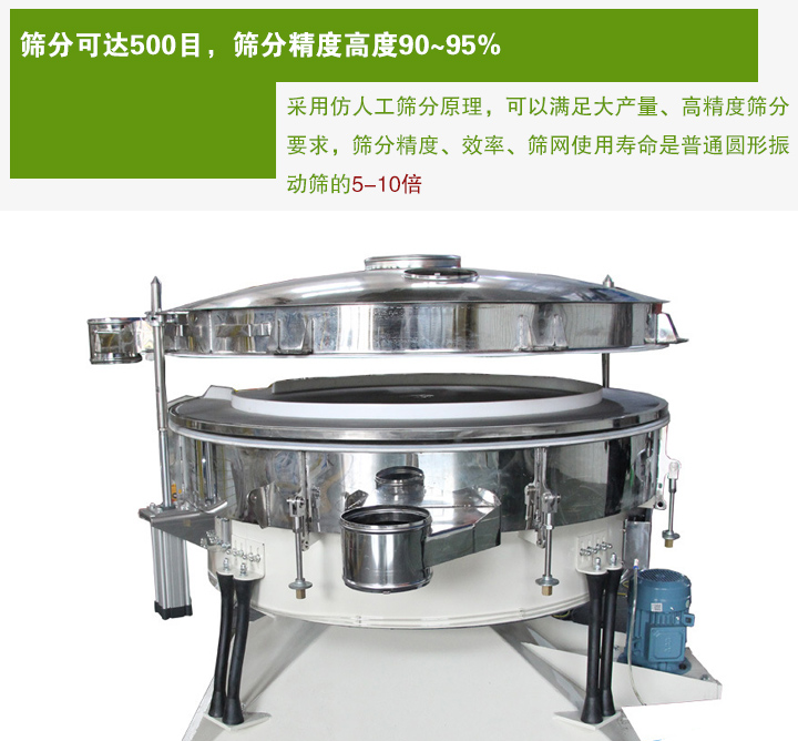 搖擺篩分機(jī)采用仿人工篩分原理，可以滿足大產(chǎn)量、高精度篩分 要求，篩分精度、效率、篩網(wǎng)使用壽命是普通圓形振 動(dòng)篩的5-10倍